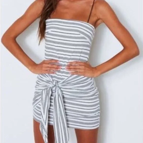 White Fox Striped Bodycon Mini Dress Tie Front Ribbed Size 6 - Picture 2 of 8